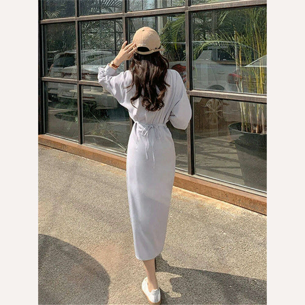 KIMLUD, DR2226A 2023 New High Waist Vintage Lace Up Single Breasted Elegant Minimalist Style Autumn Winter Women Shirt Dress Long Dress, KIMLUD Womens Clothes