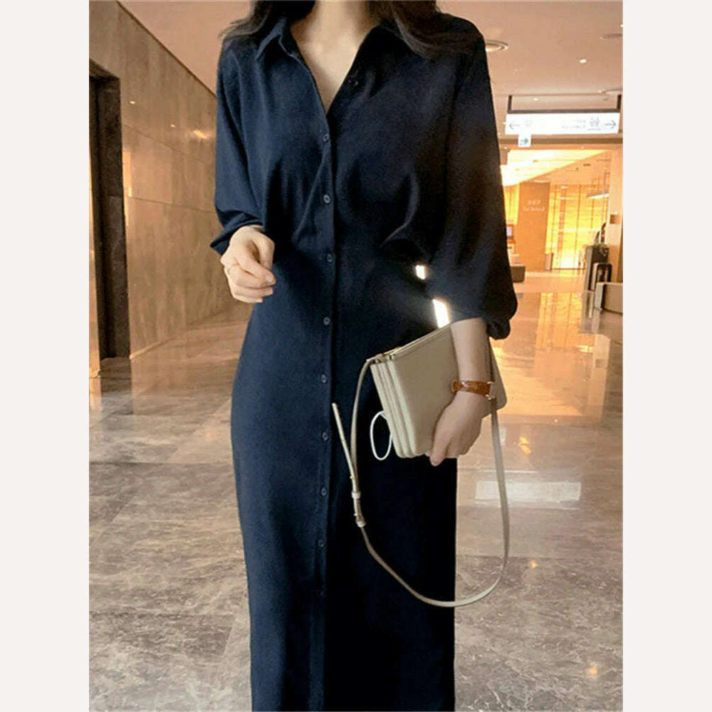 KIMLUD, DR2226A 2023 New High Waist Vintage Lace Up Single Breasted Elegant Minimalist Style Autumn Winter Women Shirt Dress Long Dress, KIMLUD Womens Clothes