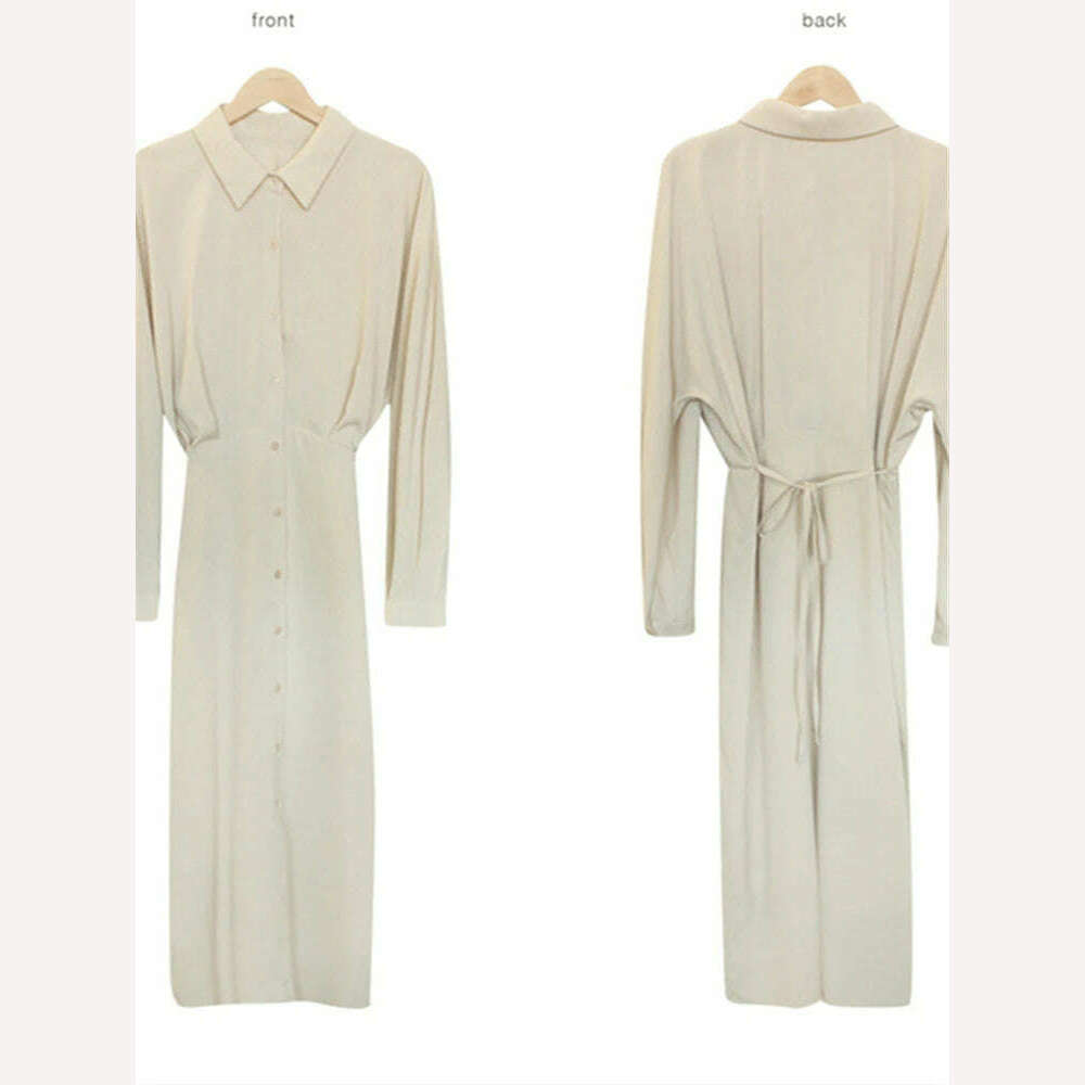 KIMLUD, DR2226A 2023 New High Waist Vintage Lace Up Single Breasted Elegant Minimalist Style Autumn Winter Women Shirt Dress Long Dress, KIMLUD Womens Clothes