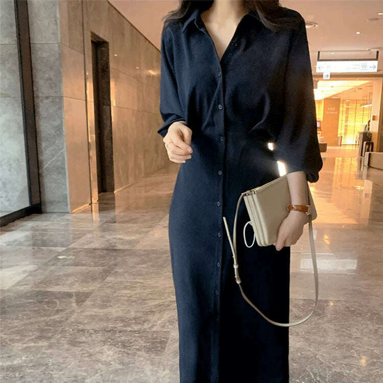 KIMLUD, DR2226A 2023 New High Waist Vintage Lace Up Single Breasted Elegant Minimalist Style Autumn Winter Women Shirt Dress Long Dress, Navy Blue / XL / CHINA, KIMLUD APPAREL - Womens Clothes