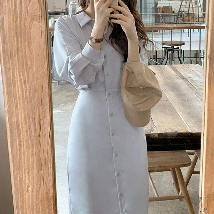 KIMLUD, DR2226A 2023 New High Waist Vintage Lace Up Single Breasted Elegant Minimalist Style Autumn Winter Women Shirt Dress Long Dress, Blue / XL / CHINA, KIMLUD APPAREL - Womens Clothes