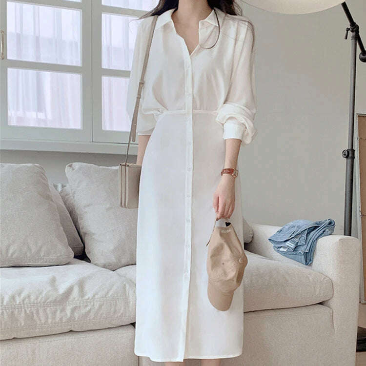 KIMLUD, DR2226A 2023 New High Waist Vintage Lace Up Single Breasted Elegant Minimalist Style Autumn Winter Women Shirt Dress Long Dress, WHITE / XL / CHINA, KIMLUD APPAREL - Womens Clothes
