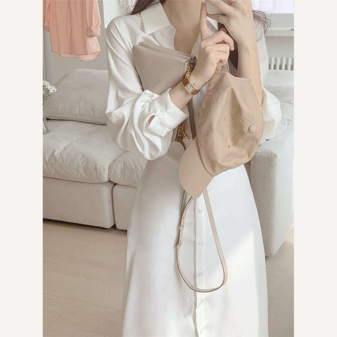 KIMLUD, DR2226A 2023 New High Waist Vintage Lace Up Single Breasted Elegant Minimalist Style Autumn Winter Women Shirt Dress Long Dress, KIMLUD Womens Clothes