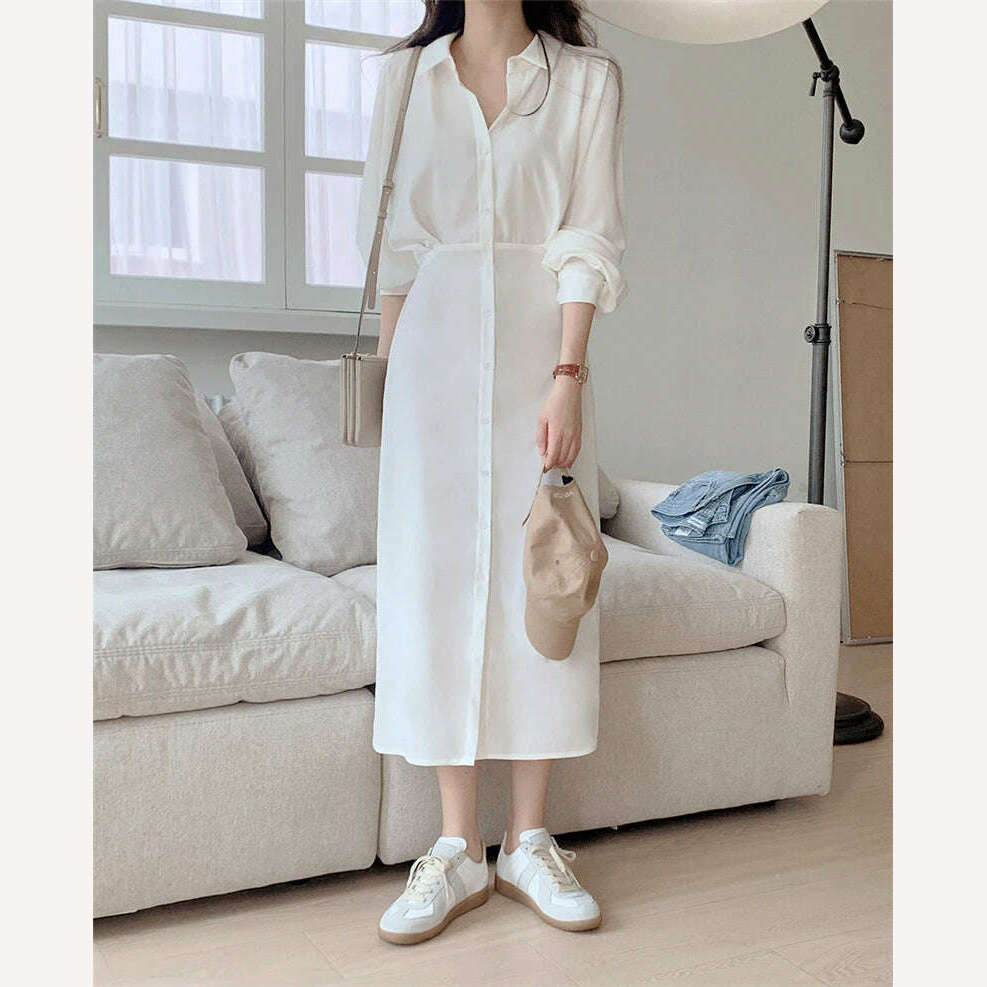 KIMLUD, DR2226A 2023 New High Waist Vintage Lace Up Single Breasted Elegant Minimalist Style Autumn Winter Women Shirt Dress Long Dress, KIMLUD Womens Clothes