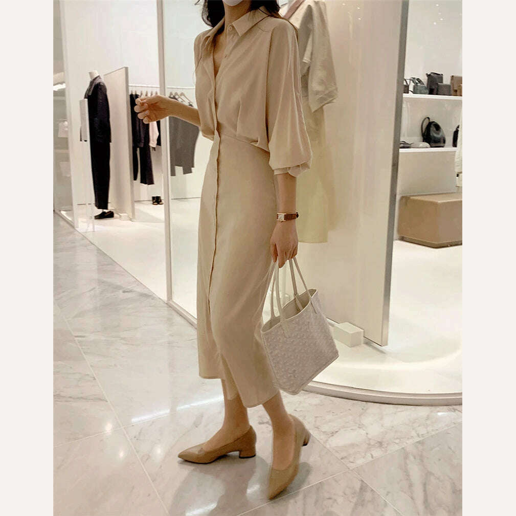 KIMLUD, DR2226A 2023 New High Waist Vintage Lace Up Single Breasted Elegant Minimalist Style Autumn Winter Women Shirt Dress Long Dress, KIMLUD Womens Clothes