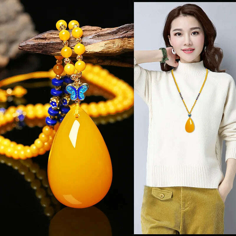 KIMLUD, Drainage Gift Beeswax Pendant Women's Water Drop with Shape Sweater Chain Blue Carving Amber Necklace Pendant, KIMLUD Womens Clothes
