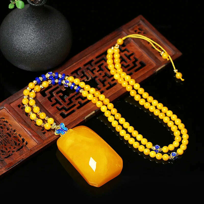 KIMLUD, Drainage Gift Beeswax Pendant Women's Water Drop with Shape Sweater Chain Blue Carving Amber Necklace Pendant, KIMLUD Womens Clothes