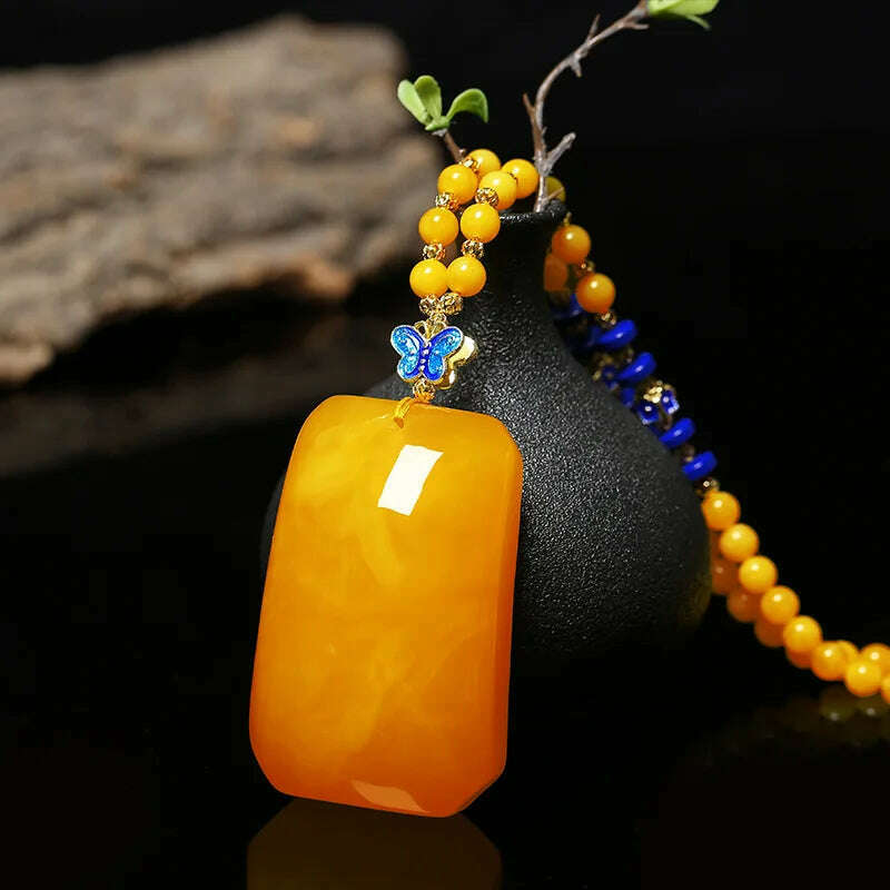 KIMLUD, Drainage Gift Beeswax Pendant Women's Water Drop with Shape Sweater Chain Blue Carving Amber Necklace Pendant, KIMLUD Womens Clothes