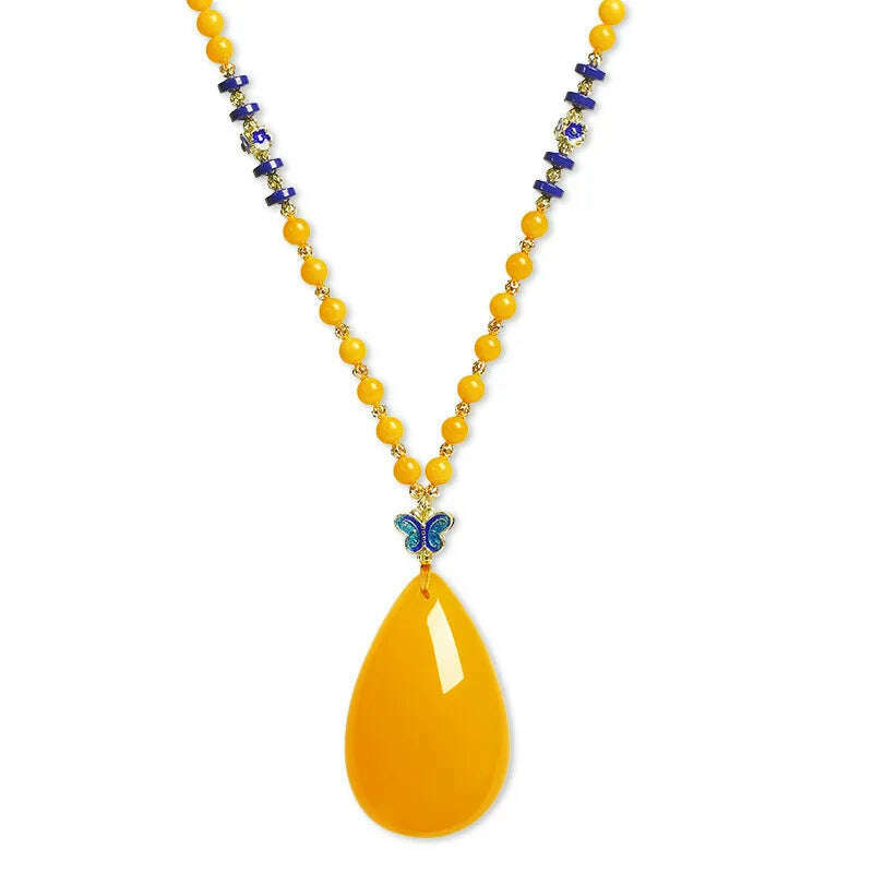 KIMLUD, Drainage Gift Beeswax Pendant Women's Water Drop with Shape Sweater Chain Blue Carving Amber Necklace Pendant, KIMLUD Womens Clothes