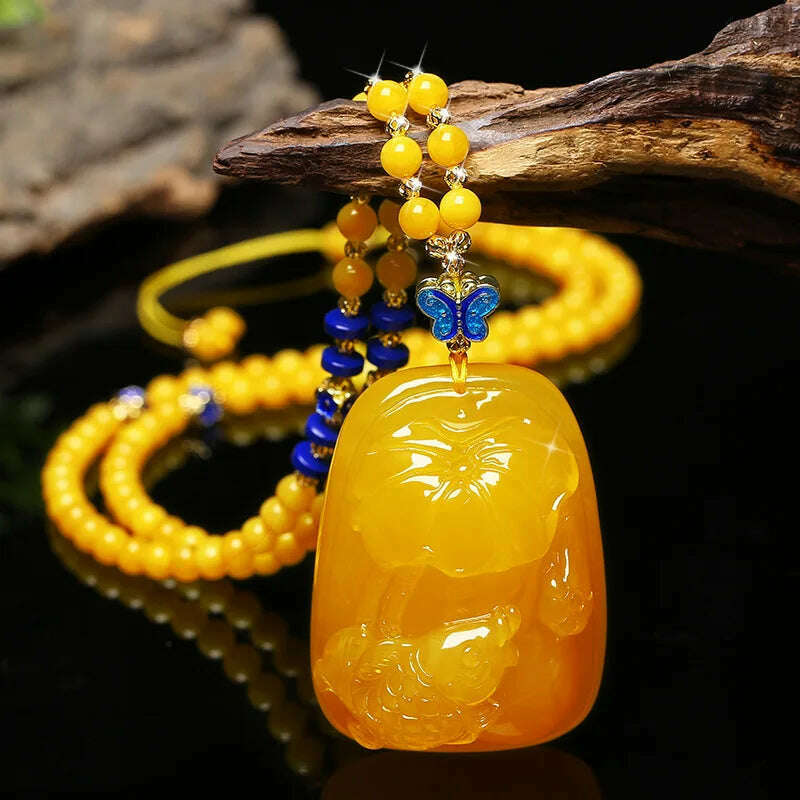 KIMLUD, Drainage Gift Beeswax Pendant Women's Water Drop with Shape Sweater Chain Blue Carving Amber Necklace Pendant, Lotus Fish Pendant w, KIMLUD APPAREL - Womens Clothes