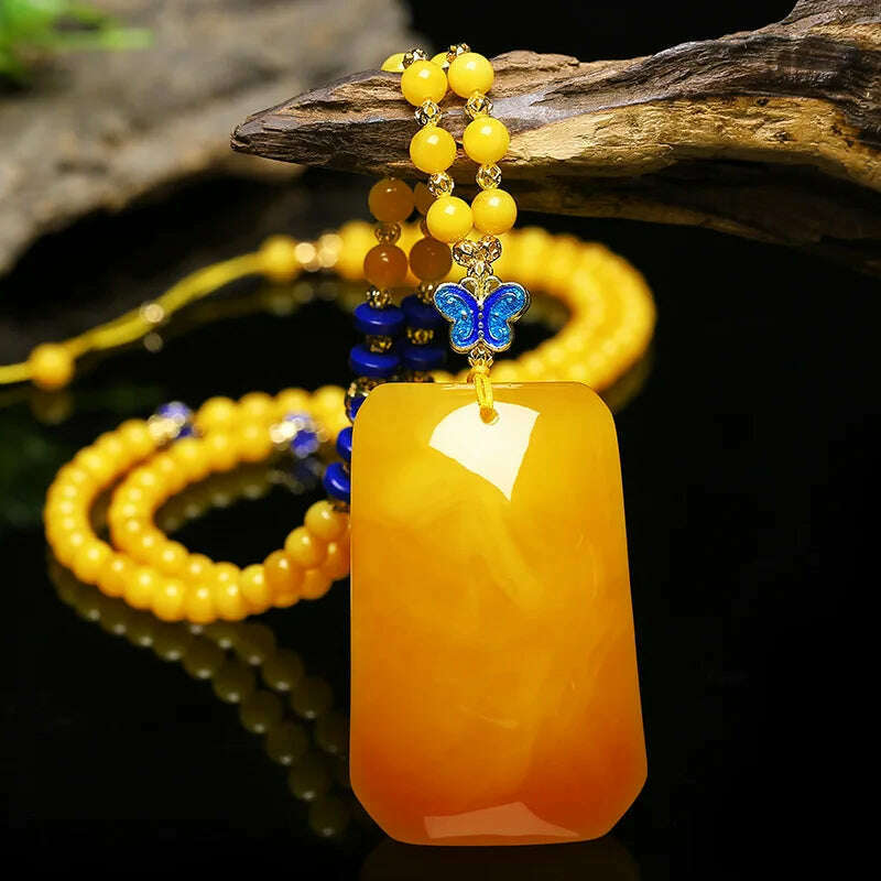 KIMLUD, Drainage Gift Beeswax Pendant Women's Water Drop with Shape Sweater Chain Blue Carving Amber Necklace Pendant, Square Safety-Blessi, KIMLUD APPAREL - Womens Clothes