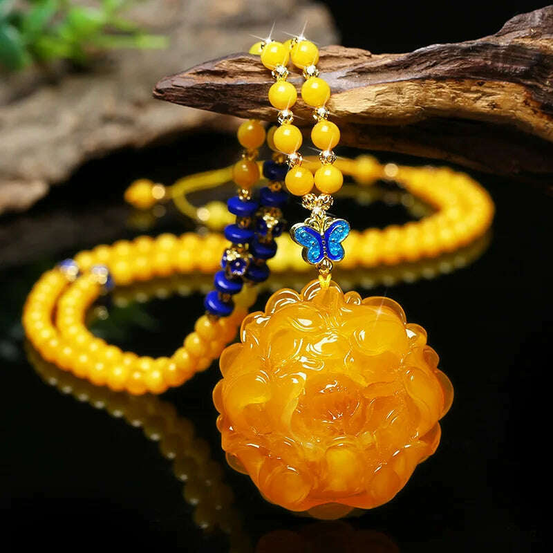 KIMLUD, Drainage Gift Beeswax Pendant Women's Water Drop with Shape Sweater Chain Blue Carving Amber Necklace Pendant, Peony Flower Pendant, KIMLUD APPAREL - Womens Clothes