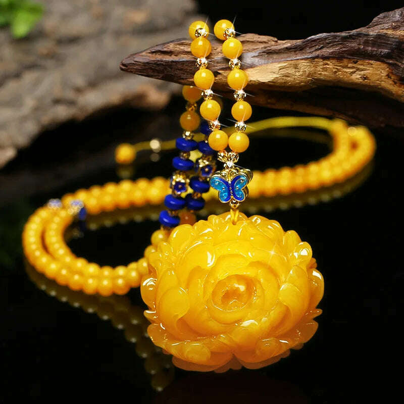 KIMLUD, Drainage Gift Beeswax Pendant Women's Water Drop with Shape Sweater Chain Blue Carving Amber Necklace Pendant, Big Peony Flower Pen, KIMLUD APPAREL - Womens Clothes