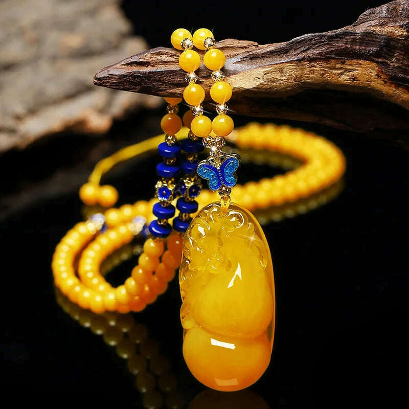 KIMLUD, Drainage Gift Beeswax Pendant Women's Water Drop with Shape Sweater Chain Blue Carving Amber Necklace Pendant, Gourd Pendant with S, KIMLUD APPAREL - Womens Clothes