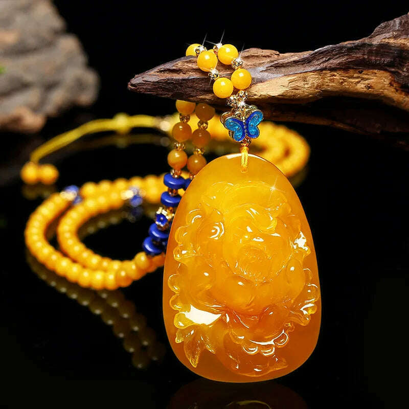 KIMLUD, Drainage Gift Beeswax Pendant Women's Water Drop with Shape Sweater Chain Blue Carving Amber Necklace Pendant, Peony Brand Pendant, KIMLUD APPAREL - Womens Clothes