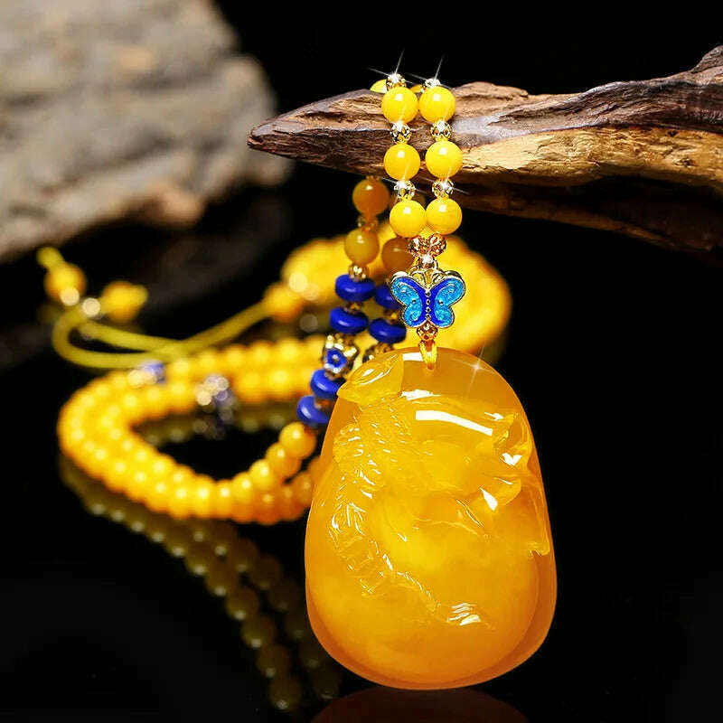 KIMLUD, Drainage Gift Beeswax Pendant Women's Water Drop with Shape Sweater Chain Blue Carving Amber Necklace Pendant, Original Jade Colors, KIMLUD APPAREL - Womens Clothes