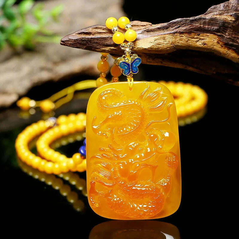 KIMLUD, Drainage Gift Beeswax Pendant Women's Water Drop with Shape Sweater Chain Blue Carving Amber Necklace Pendant, Square Dragon Pendan, KIMLUD APPAREL - Womens Clothes