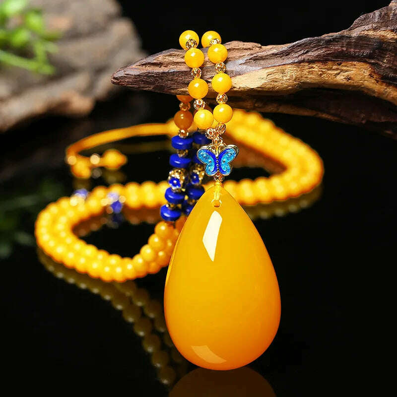 KIMLUD, Drainage Gift Beeswax Pendant Women's Water Drop with Shape Sweater Chain Blue Carving Amber Necklace Pendant, Water Drop Pendant w, KIMLUD APPAREL - Womens Clothes