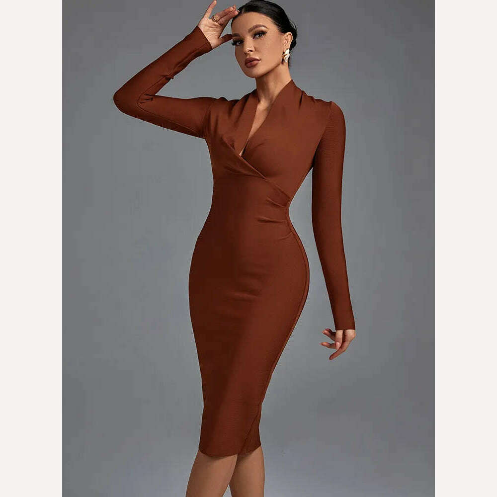 KIMLUD, Draped Bandage Dress 2022 Women Long Sleeve Bandage Dress Bodycon Elegant Sexy Midi Evening Party Dress Summer Club Outfits, KIMLUD Womens Clothes