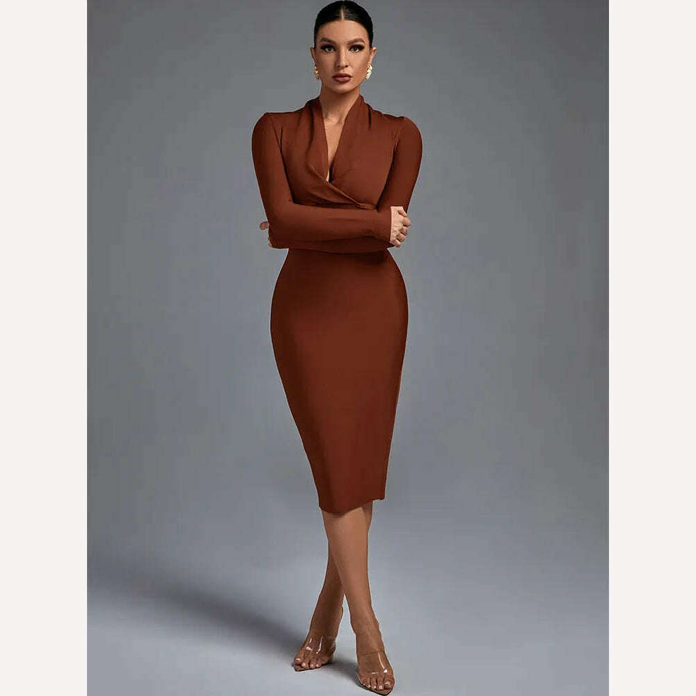 KIMLUD, Draped Bandage Dress 2022 Women Long Sleeve Bandage Dress Bodycon Elegant Sexy Midi Evening Party Dress Summer Club Outfits, KIMLUD Womens Clothes