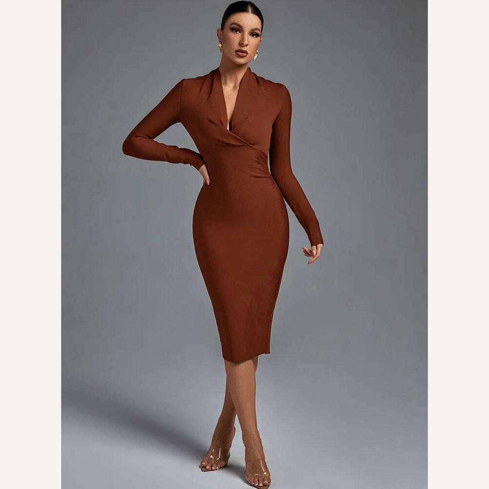 KIMLUD, Draped Bandage Dress 2022 Women Long Sleeve Bandage Dress Bodycon Elegant Sexy Midi Evening Party Dress Summer Club Outfits, KIMLUD Womens Clothes