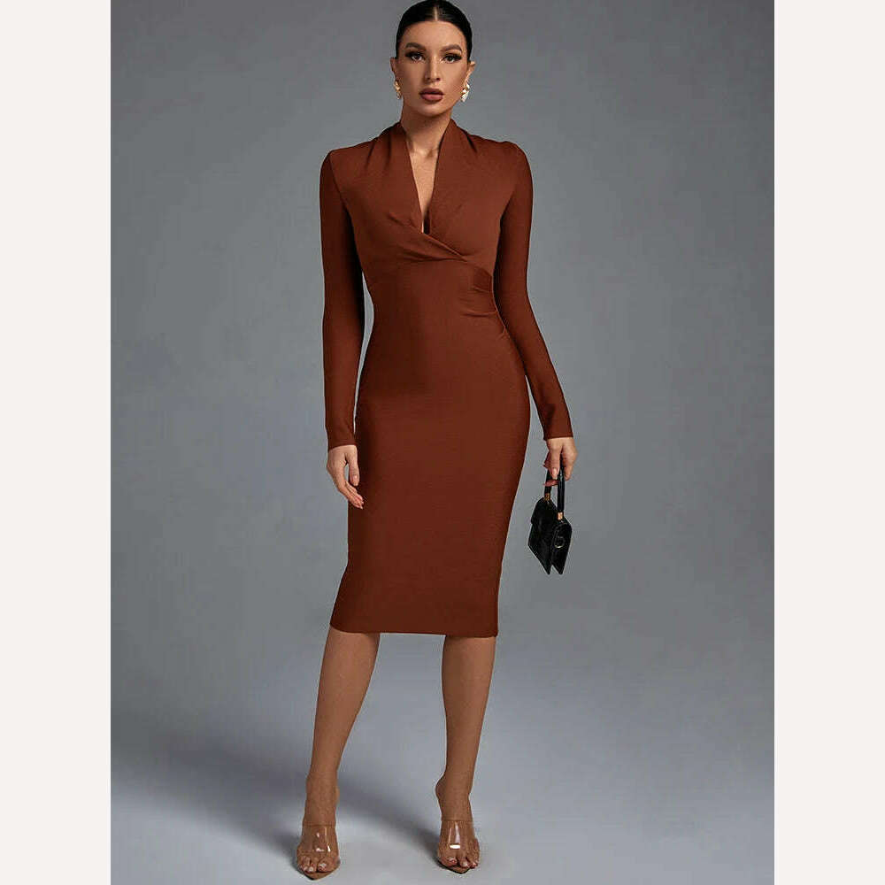 KIMLUD, Draped Bandage Dress 2022 Women Long Sleeve Bandage Dress Bodycon Elegant Sexy Midi Evening Party Dress Summer Club Outfits, KIMLUD Womens Clothes
