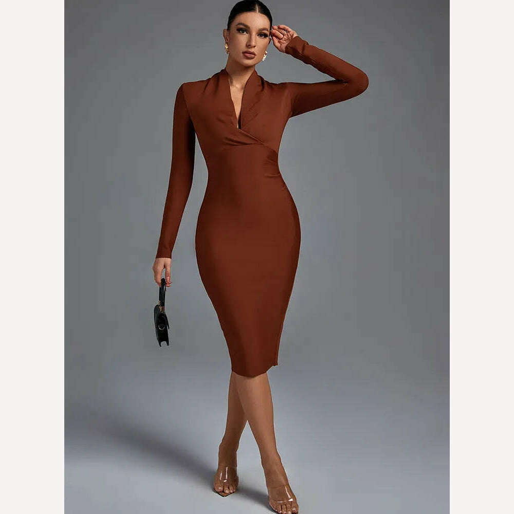 KIMLUD, Draped Bandage Dress 2022 Women Long Sleeve Bandage Dress Bodycon Elegant Sexy Midi Evening Party Dress Summer Club Outfits, KIMLUD Womens Clothes