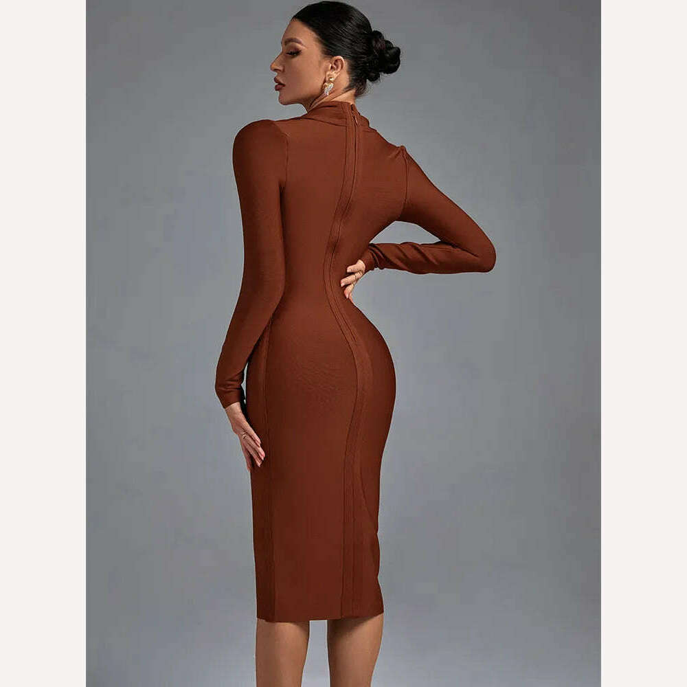 KIMLUD, Draped Bandage Dress 2022 Women Long Sleeve Bandage Dress Bodycon Elegant Sexy Midi Evening Party Dress Summer Club Outfits, KIMLUD Womens Clothes