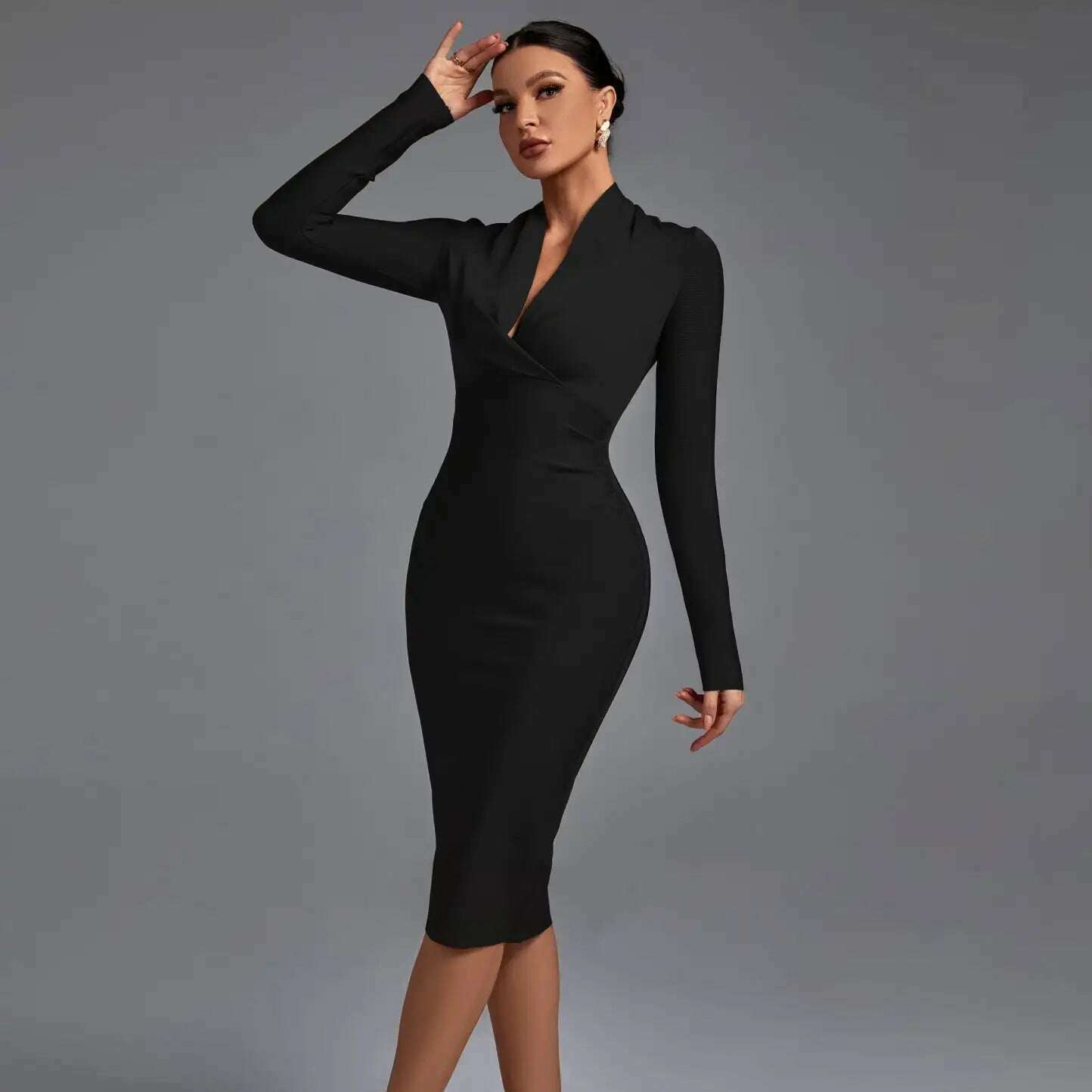 KIMLUD, Draped Bandage Dress 2022 Women Long Sleeve Bandage Dress Bodycon Elegant Sexy Midi Evening Party Dress Summer Club Outfits, black / XS, KIMLUD APPAREL - Womens Clothes