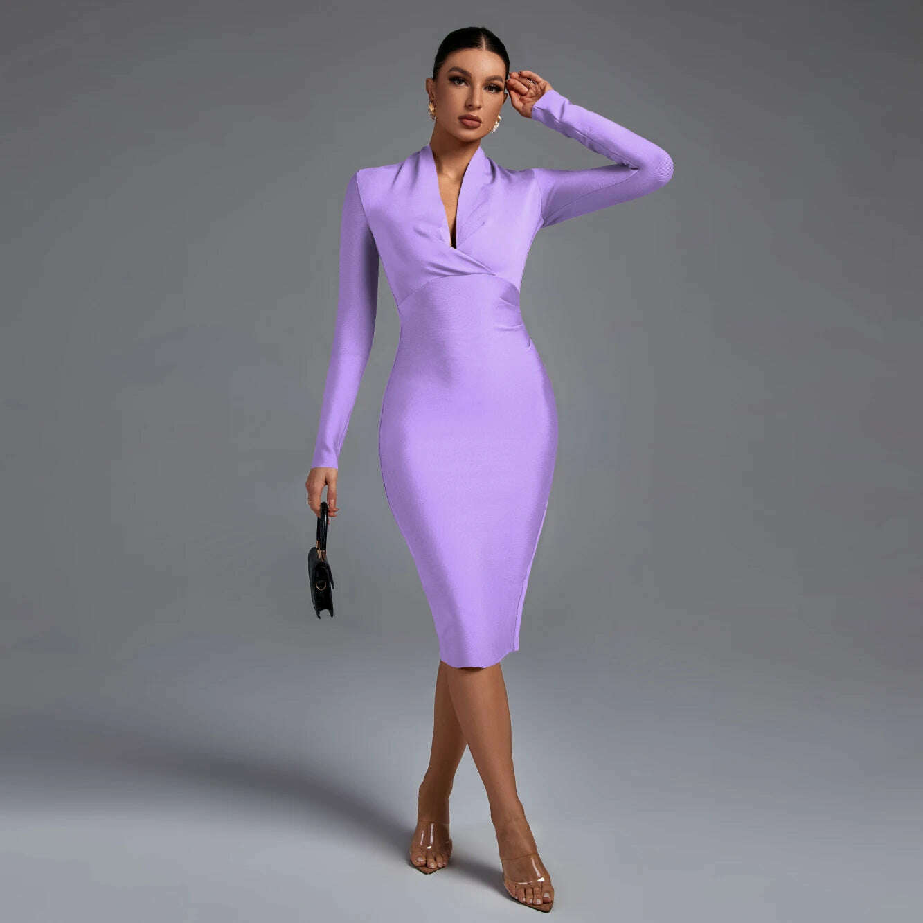 KIMLUD, Draped Bandage Dress 2022 Women Long Sleeve Bandage Dress Bodycon Elegant Sexy Midi Evening Party Dress Summer Club Outfits, Lavender / XS, KIMLUD APPAREL - Womens Clothes