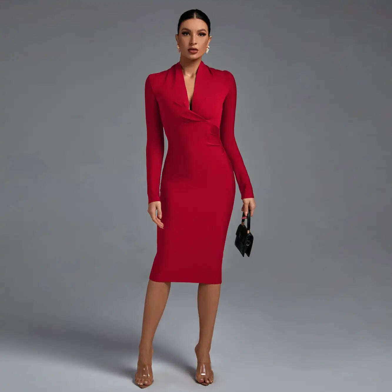 KIMLUD, Draped Bandage Dress 2022 Women Long Sleeve Bandage Dress Bodycon Elegant Sexy Midi Evening Party Dress Summer Club Outfits, Red / XS, KIMLUD APPAREL - Womens Clothes