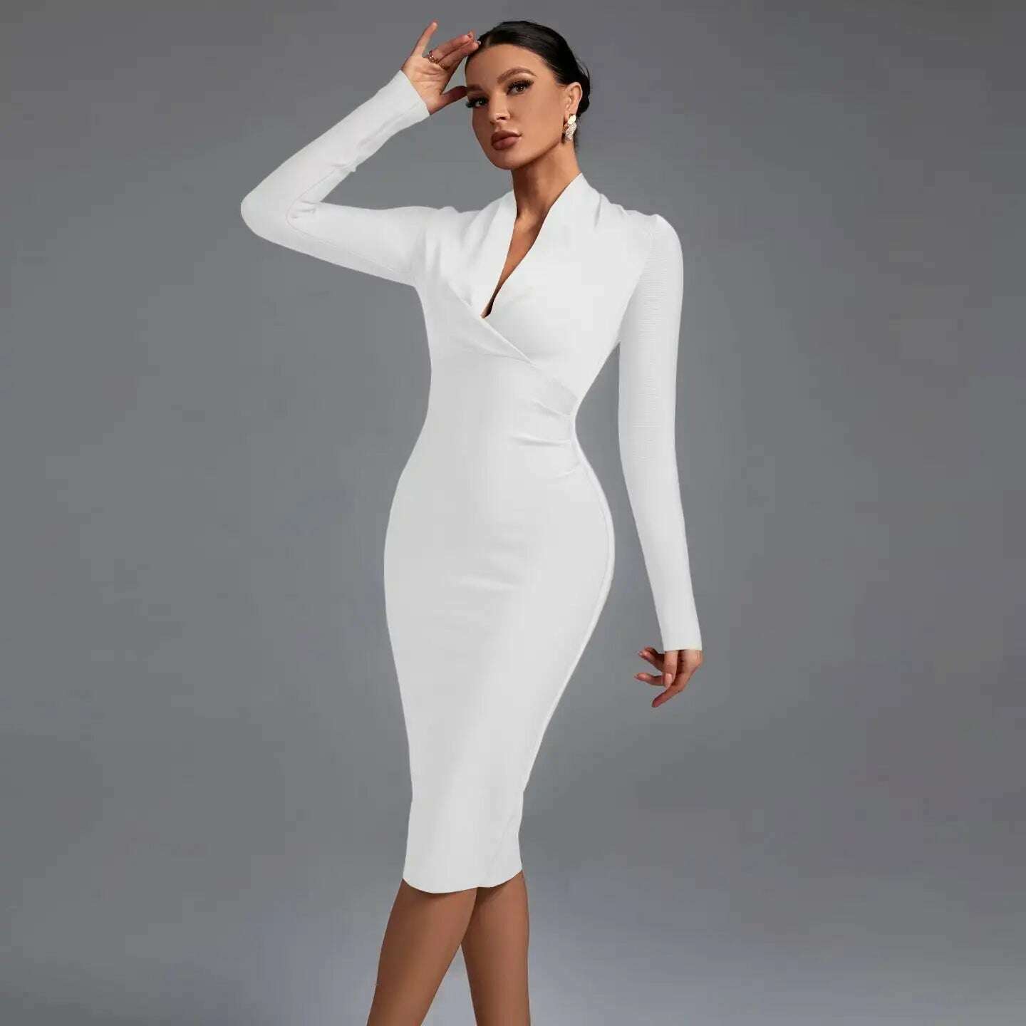 KIMLUD, Draped Bandage Dress 2022 Women Long Sleeve Bandage Dress Bodycon Elegant Sexy Midi Evening Party Dress Summer Club Outfits, WHITE / XS, KIMLUD APPAREL - Womens Clothes