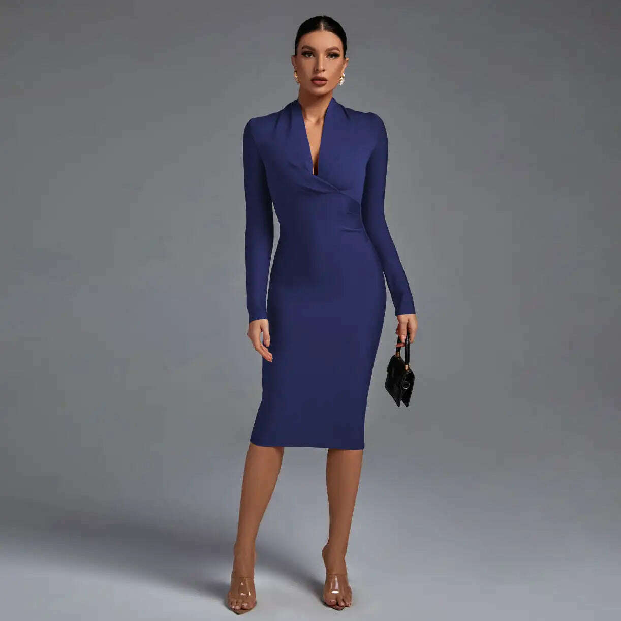 KIMLUD, Draped Bandage Dress 2022 Women Long Sleeve Bandage Dress Bodycon Elegant Sexy Midi Evening Party Dress Summer Club Outfits, Navy Blue / XS, KIMLUD APPAREL - Womens Clothes