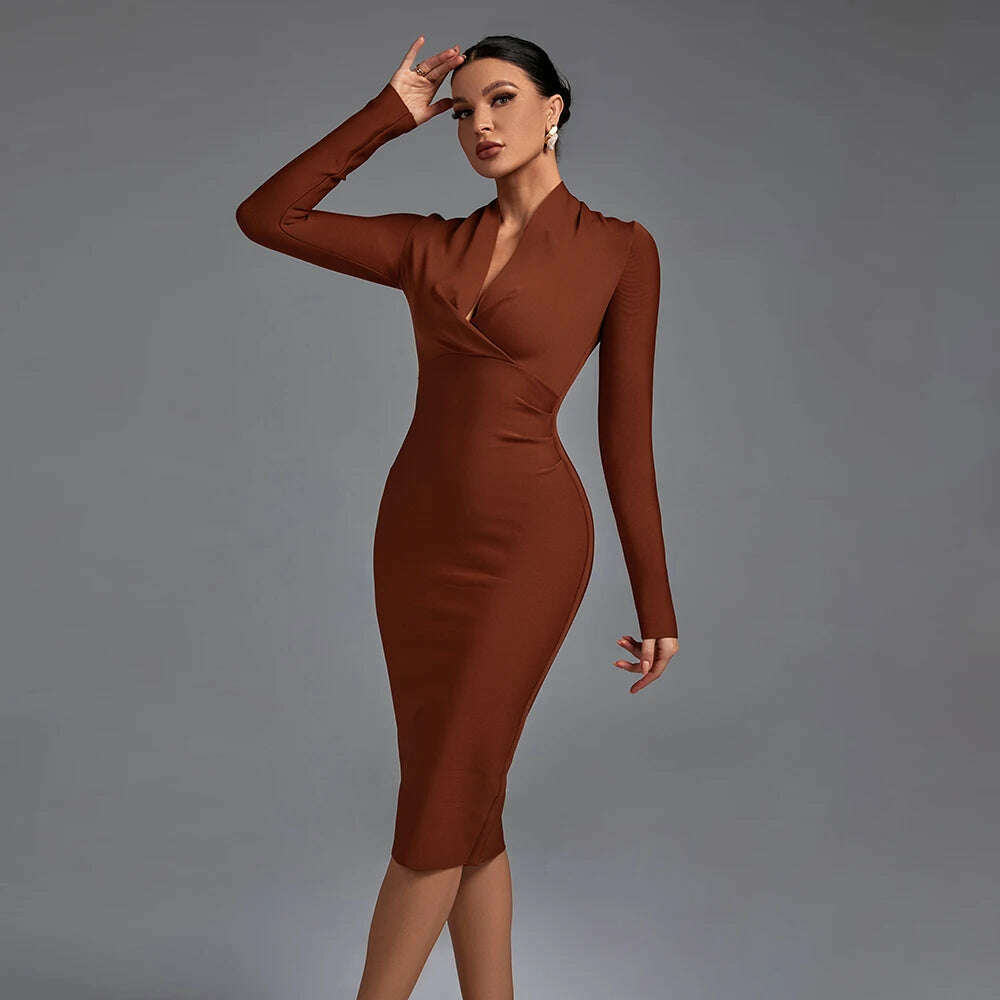 KIMLUD, Draped Bandage Dress 2022 Women Long Sleeve Bandage Dress Bodycon Elegant Sexy Midi Evening Party Dress Summer Club Outfits, Tan / XS, KIMLUD APPAREL - Womens Clothes
