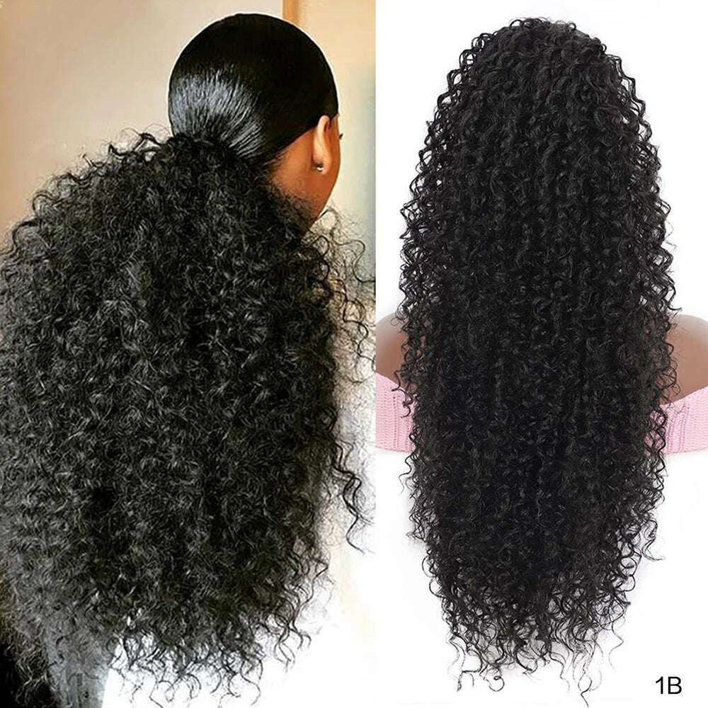 Drawstring Curly Ponytail Extension for African Women Afro Kinky Curly Hair Pieces Synthetic Heat Resistant - KIMLUD
