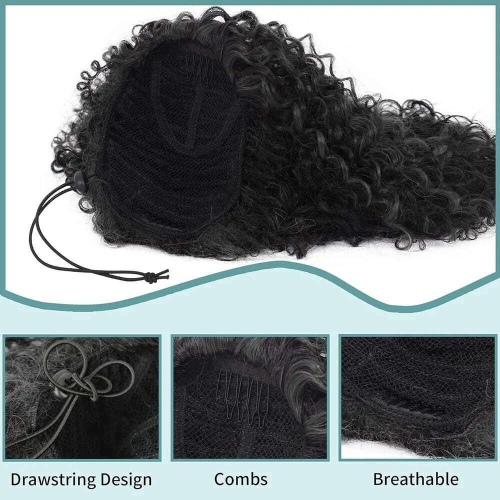 Drawstring Curly Ponytail Extension for African Women Afro Kinky Curly Hair Pieces Synthetic Heat Resistant - KIMLUD