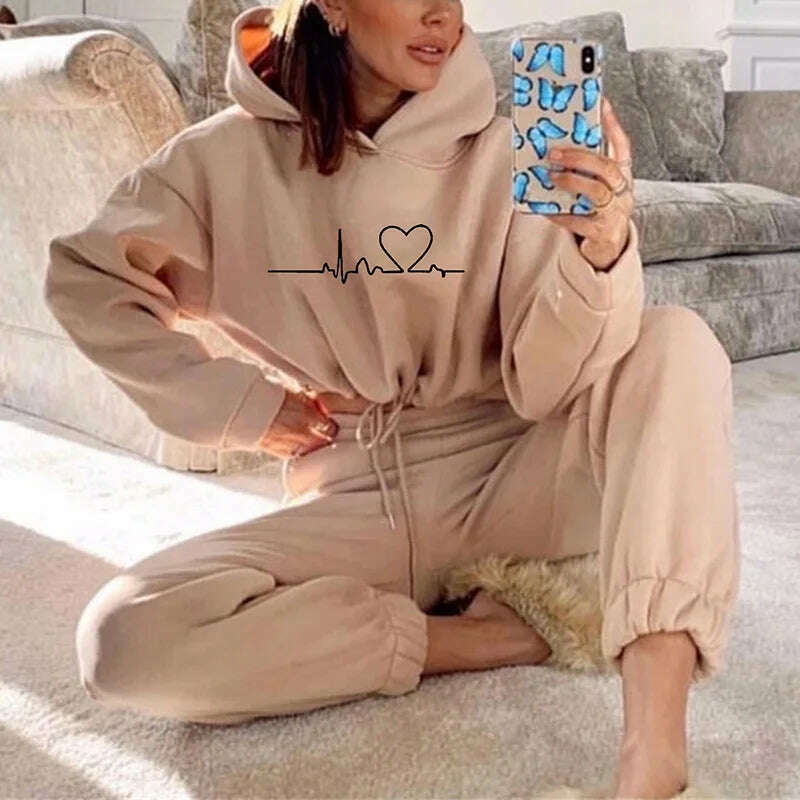 Drawstring Women Hoodies Outfits Fashion Loose Womens 2 Piece Suit Home Gym Tracksuit New Casual Solid Color Women Pants Set - KIMLUD