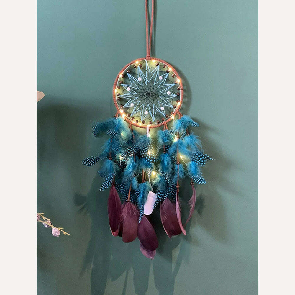 KIMLUD, Dream Catcher Vintage Wind Chime Handmade Feather Bedroom Curtain Car Hanging Ornaments Birthday Christmas Gift Home Decorations, With Light, KIMLUD Womens Clothes