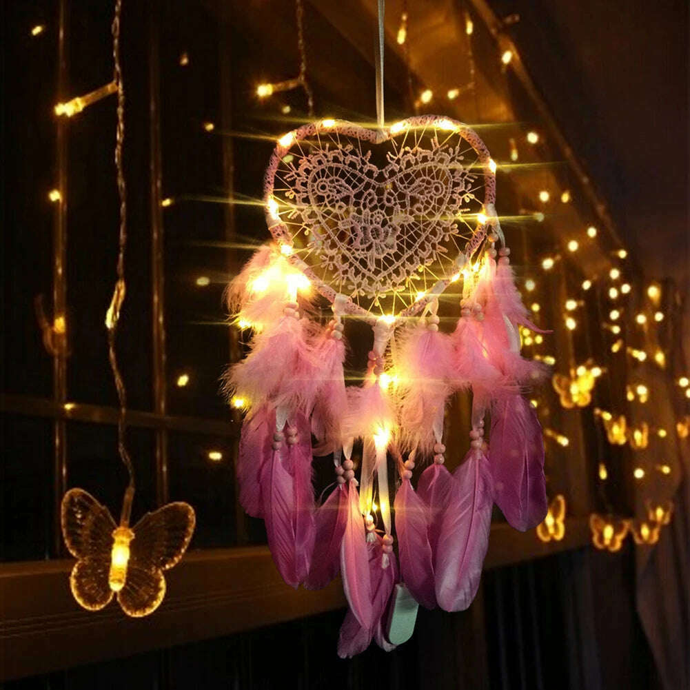 Dream Catcher With LED String Hollow Hoop Heart Shape Pendant Feathers Handmade Night Light Wall Hanging Home Decor Gift - KIMLUD