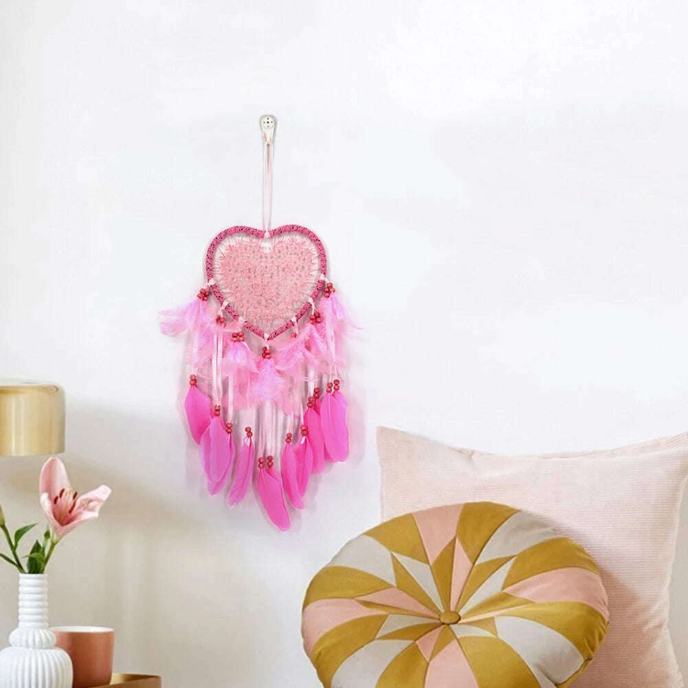 Dream Catcher With LED String Hollow Hoop Heart Shape Pendant Feathers Handmade Night Light Wall Hanging Home Decor Gift - KIMLUD