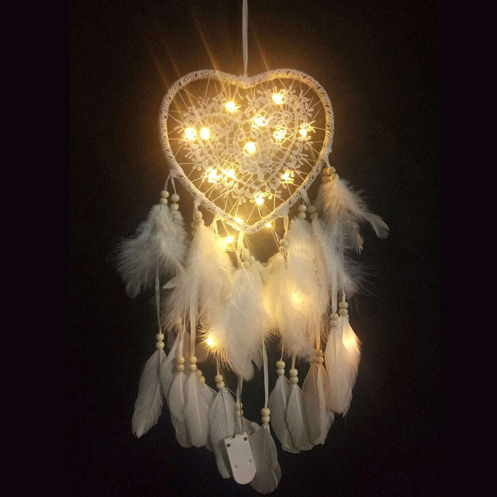 Dream Catcher With LED String Hollow Hoop Heart Shape Pendant Feathers Handmade Night Light Wall Hanging Home Decor Gift - KIMLUD