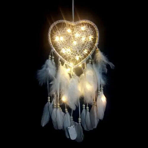 Dream Catcher With LED String Hollow Hoop Heart Shape Pendant Feathers Handmade Night Light Wall Hanging Home Decor Gift - KIMLUD