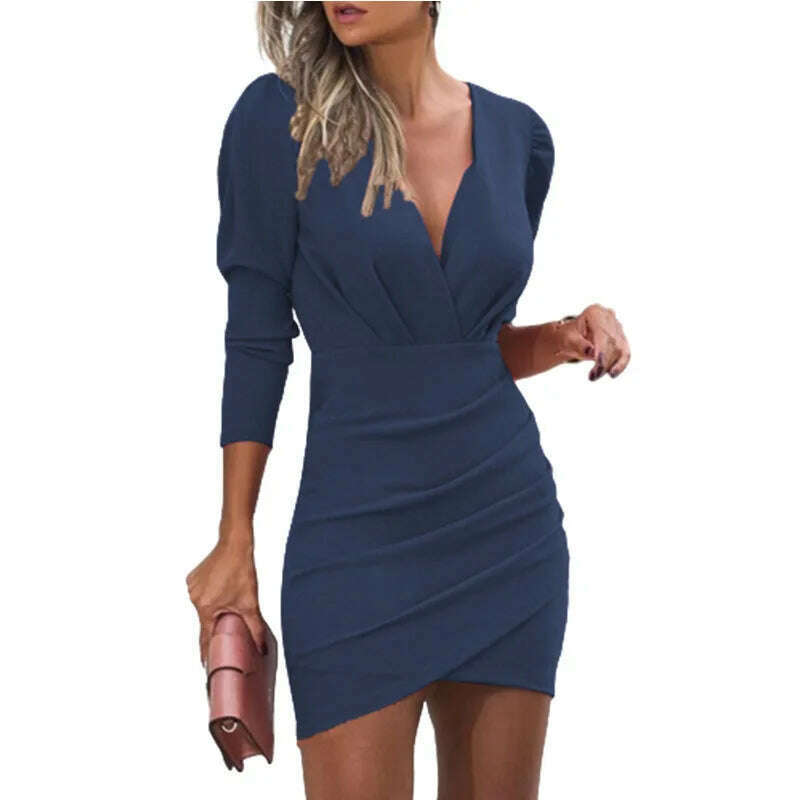 Dress Women Summer Solid Color v-neck Long Sleeve Folds Fashionable Dresses Casual Vestidos Dropshipping Sale SZLZLG2150 - KIMLUD