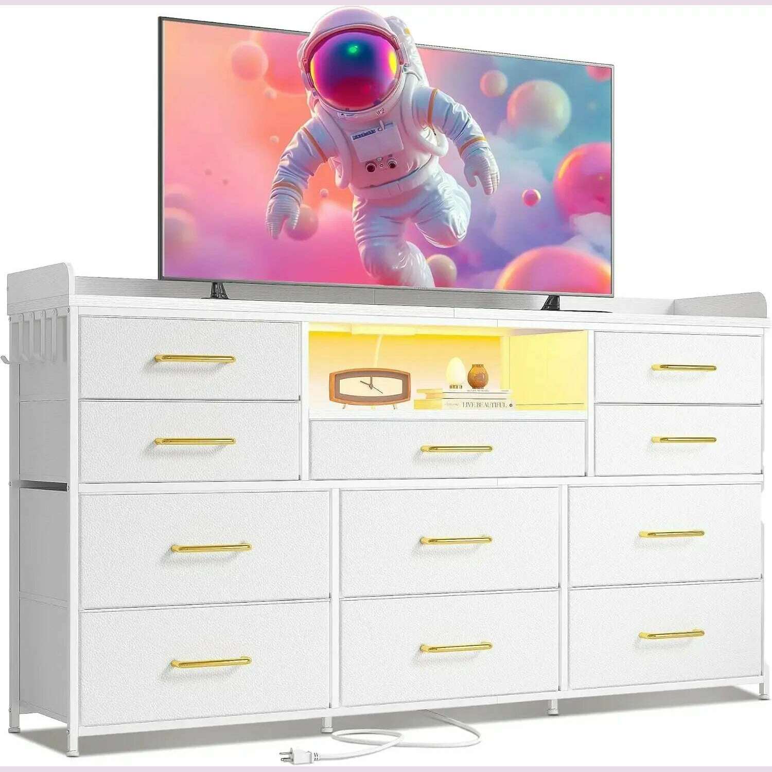 KIMLUD, Dresser for Bedroom with 11 Drawers for 60" TV Stand for Bedroom with LED Lights & Charging Station Long Dresser with Shelves, KIMLUD Womens Clothes