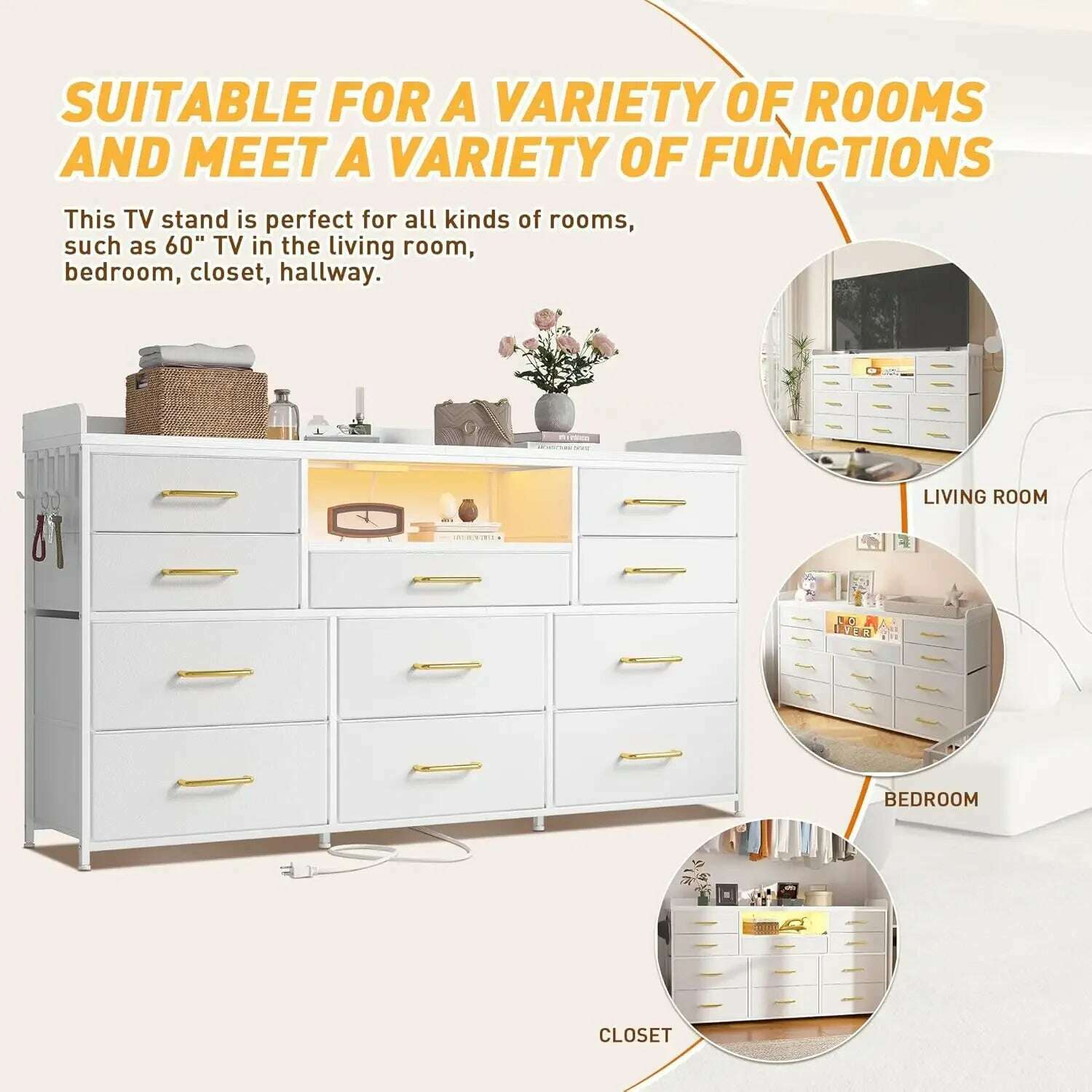 KIMLUD, Dresser for Bedroom with 11 Drawers for 60" TV Stand for Bedroom with LED Lights & Charging Station Long Dresser with Shelves, KIMLUD Womens Clothes