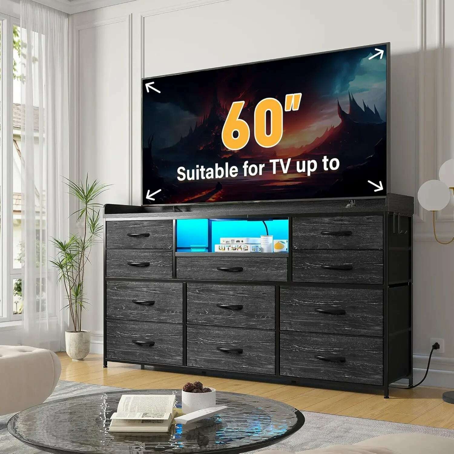 KIMLUD, Dresser for Bedroom with 11 Drawers for 60" TV Stand for Bedroom with LED Lights & Charging Station Long Dresser with Shelves, KIMLUD Womens Clothes