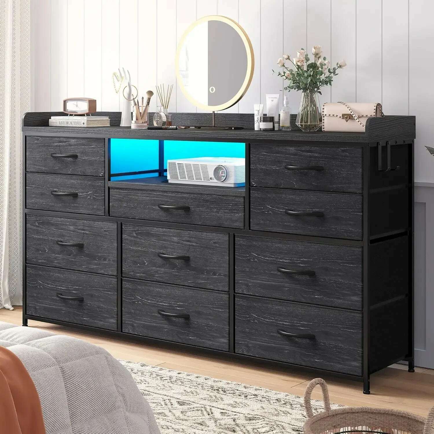 KIMLUD, Dresser for Bedroom with 11 Drawers for 60" TV Stand for Bedroom with LED Lights & Charging Station Long Dresser with Shelves, KIMLUD Womens Clothes