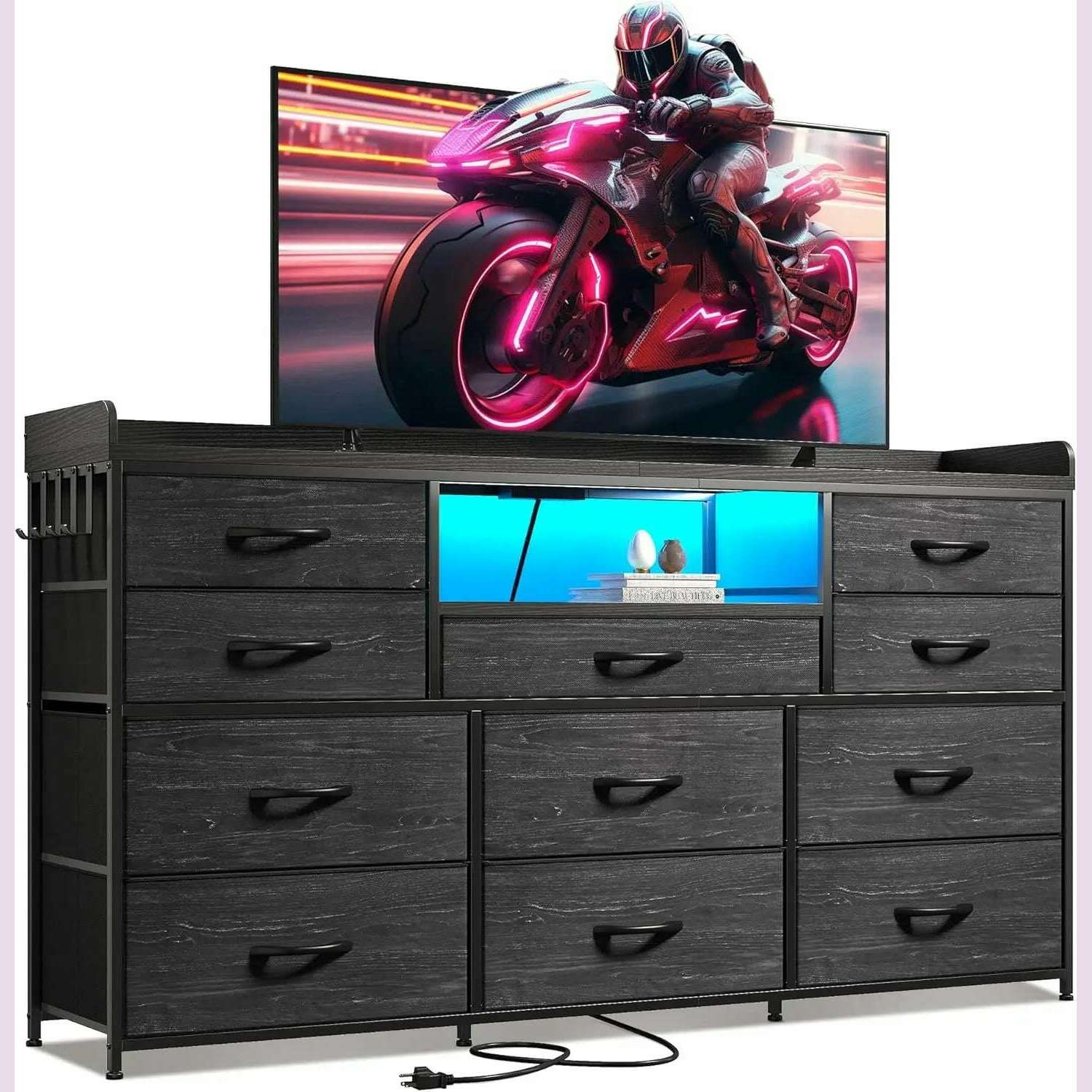 KIMLUD, Dresser for Bedroom with 11 Drawers for 60" TV Stand for Bedroom with LED Lights & Charging Station Long Dresser with Shelves, United States / Charcoal Black, KIMLUD APPAREL - Womens Clothes