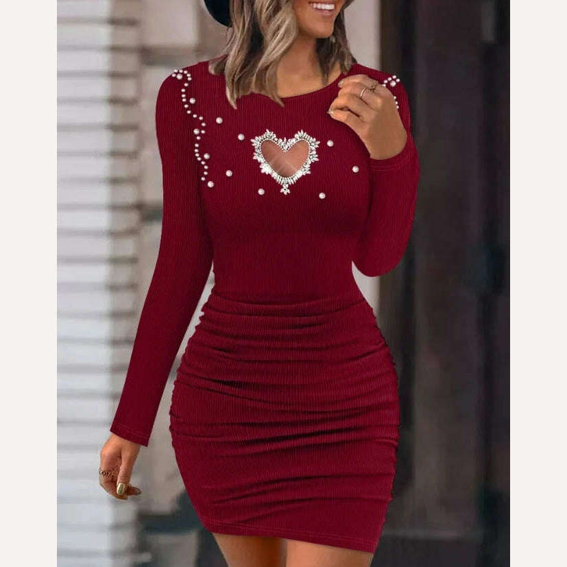 KIMLUD, Dresses for Women 2023 Winter Diamond Pearl Hollow Heart Beaded Ribbed Bodycon Dress Knitted Puff Long Sleeve O-Neck Dress, A / S, KIMLUD Womens Clothes