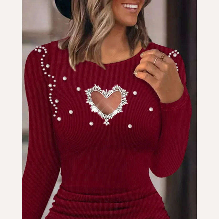 KIMLUD, Dresses for Women 2023 Winter Diamond Pearl Hollow Heart Beaded Ribbed Bodycon Dress Knitted Puff Long Sleeve O-Neck Dress, KIMLUD Womens Clothes
